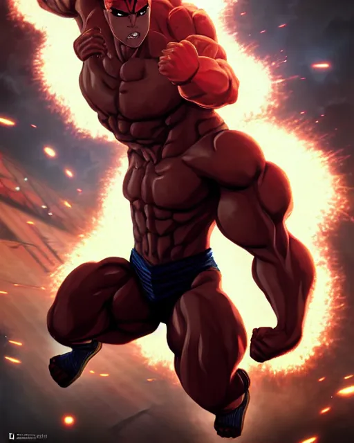 Prompt: gigachad naruto bodybuilder jumping in front of a atomic blast fighting wearing a suit in the fight club city, fantasy character portrait, ultra realistic, anime key visual, full body concept art, intricate details, highly detailed by greg rutkowski, ilya kuvshinov, gaston bussiere, craig mullins, simon bisley