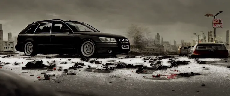 Image similar to Audi A4 B6 Avant (2002), a gritty neo-noir, dramatic lighting, cinematic, eerie person, death, homicide, homicide in the snow, viscera splattered, gunshots, bullet holes, establishing shot, extremely high detail, cracked windows, photorealistic, arson, cinematic lighting, artstation, by simon stalenhag, Max Payne (PC) (2001) winter New York at night, In the style of Max Payne 1 graphic novel, flashing lights, Poets of the Fall - Late Goodbye