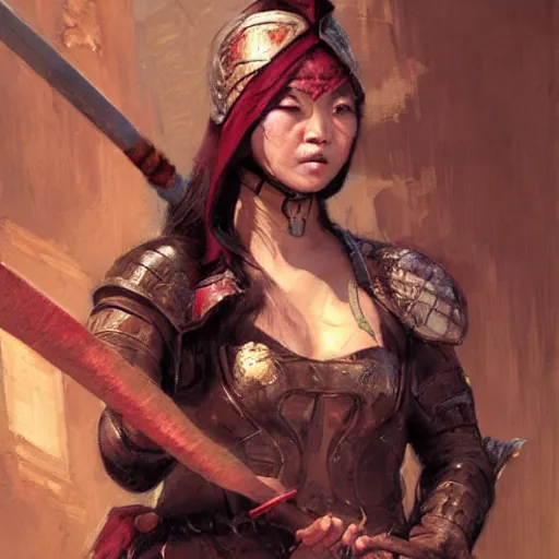 Image similar to a medieval bandit, asian female, athletic, gearing up for battle, candid, red accents, fantasy character portrait by gaston bussiere, craig mullins