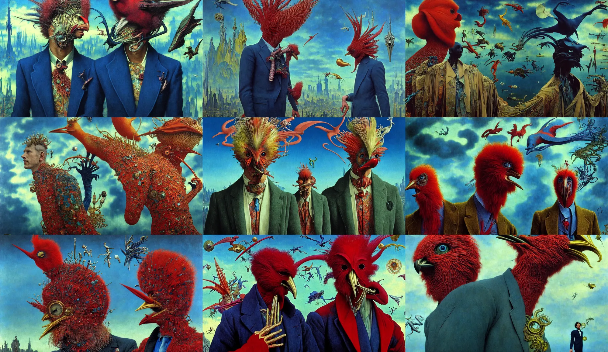 Prompt: realistic detailed portrait movie shot of a birdman wearing a dark blazer, sci fi city landscape background by denis villeneuve, amano, yves tanguy, alphonse mucha, ernst haeckel, max ernst, roger dean, masterpiece, rich moody colours, dog teeth, blue eyes