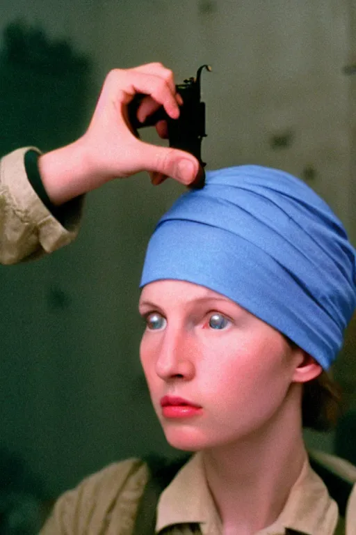 Image similar to beautiful wes anderson movie 3 5 mm film still, only one head single portrait team fortress 2 scout the girl with the pearl earring as the team fortress 2 scout team fortress 2 scout team fortress 2 scout scout team fortress 2 scout, absurdly beautiful, elegant, photographic ultrafine hyperrealistic detailed face wes anderson color, vintage, retro,