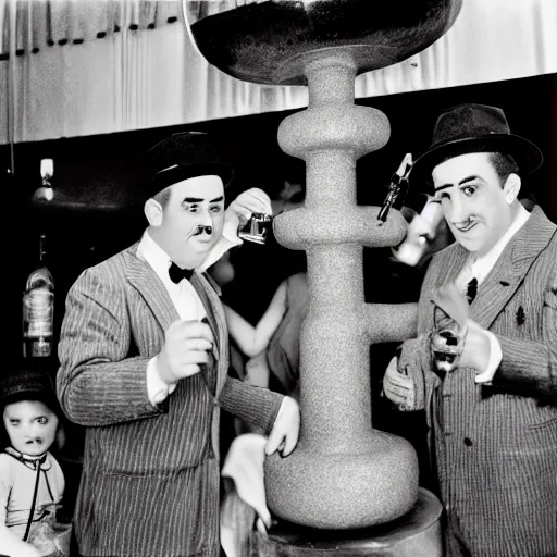 Image similar to 2 mobster bert and ernie, 1 9 2 0 s gansters, party and champagne fountain in the background, sesame street in the 1 9 2 0's, 3 5 mm film, black and white photography, artwork by nan goldin