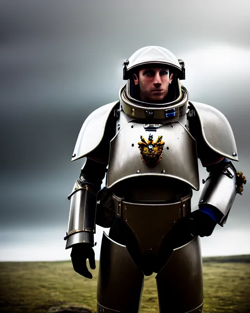 Image similar to british uk space marines armor design, high detailed, photography, cloudy, uk, plain, detailed face, look into the distance, serious face, full body, professional photographer, masterpiece, 5 0 mm, extremely detailed, 8 k, hyperrealism, octane, redshift