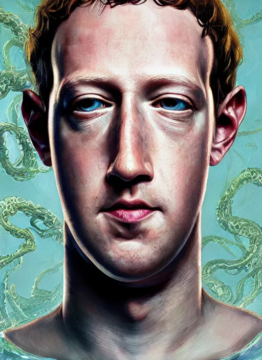 Image similar to portrait of mark zuckerberg as cthulhu, hyper detailed, digital art, trending in artstation, cinematic lighting, studio quality, smooth render, unreal engine 5 rendered, octane rendered, art style by klimt and nixeu and ian sprigger and wlop and krenz cushart.