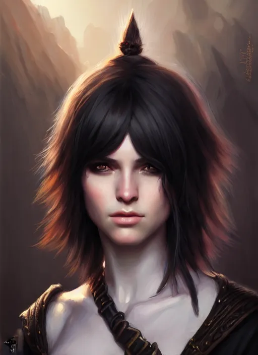 Image similar to a _ fantasy _ style _ portrait _ painting _ of young adult, black fringe hair, round face, rpg dnd oil _ painting _ unreal _ 5 _ daz. _ rpg _ portrait _ extremely _ detailed _ artgerm _ greg _ rutkowski _ greg