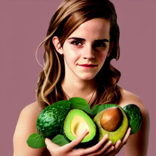 Prompt: photograph of emma watson with avocado - colored skin, anthropomorphic, photoshop