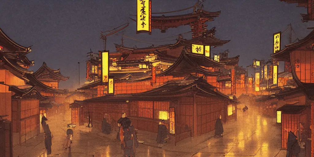 Image similar to feudal japan tokyo street at dusk, cinematic lighting!!, 4k, trending on artstation, intricate illustration, fast sketch!!!!, rough, ultra detailed, art by albert bierstadt