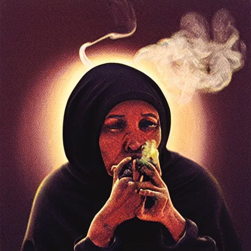 Image similar to a black nun smoking a joint and puffing lots of smoke, by Beksinski, lens flares, minimalistic background