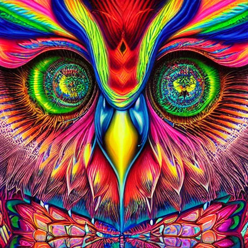 Image similar to colorful detailed portrait of a psychedelic owl by alex grey and johfra bosschart, trending in behance, 4K, deep depth of field