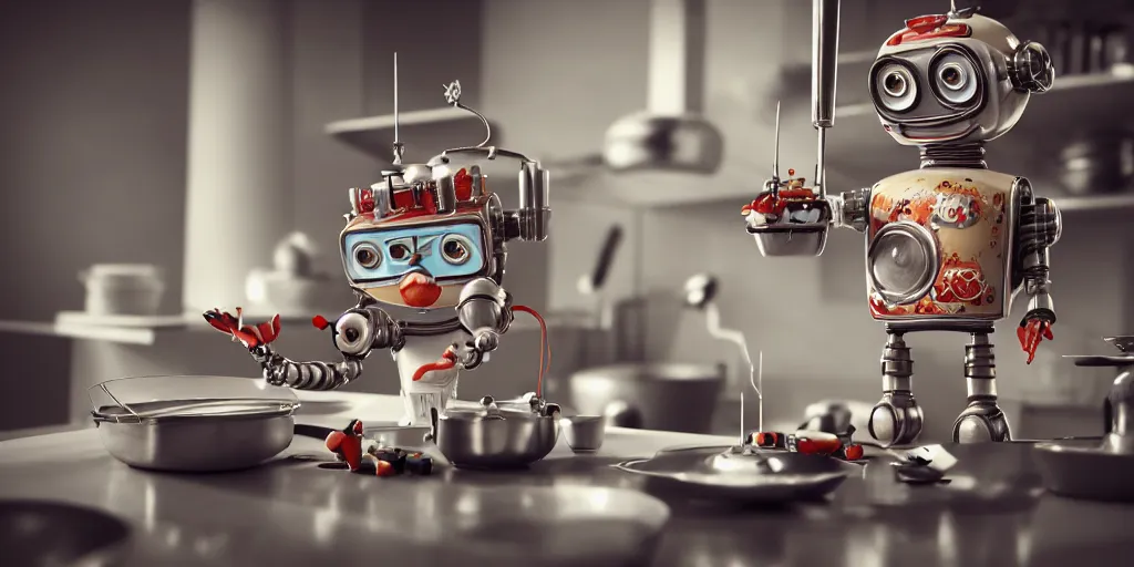 Image similar to closeup portrait of tin toy retro robot mad scientists cooking pastry in a kitchen, depth of field, zeiss lens, detailed, centered, fashion photoshoot, by nicoletta ceccoli, mark ryden, lostfish, breathtaking, 8 k resolution, extremely detailed, beautiful, establishing shot, artistic, hyperrealistic, octane render