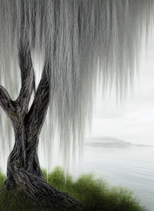 Prompt: nature photograph of a weeping willow with black bark and silver leaves sitting on a cliff in the distance in the style of stefan kostic, realistic, half body shot, sharp focus, 8 k high definition, insanely detailed, intricate, elegant, art by stanley lau and artgerm, luis royo, cloudy background