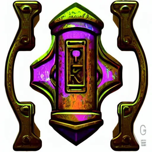 Prompt: a stylised old colorful metal key, key is on the center, rpg game inventory item, rim light, outer glow, on the white background, trending on artstation