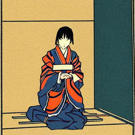 Prompt: anime art, a japanese woman holding a kanabo kneeling for an altar