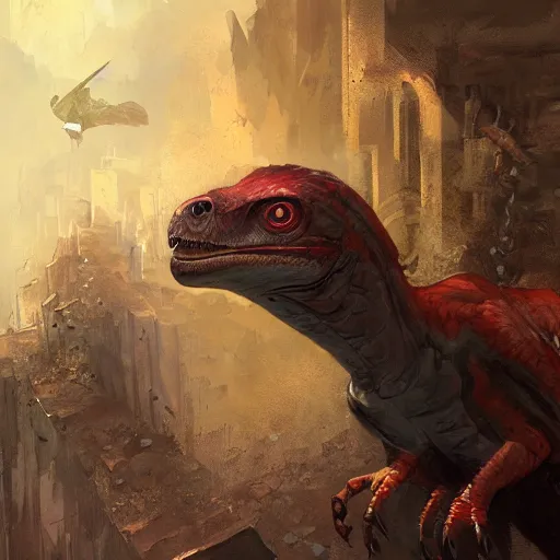 Prompt: a painting of a bloodthirsty raptor by marc simonetti, high detail, trending on artstation