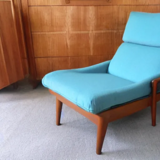 Image similar to a soft comfortable long chair, birch wood, tall, mid century modern, with an antique blue cotton ottoman