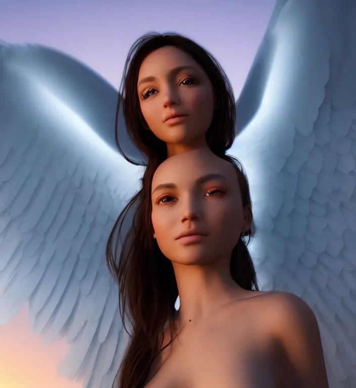 Image similar to centered waist up portrait of an angel, bokeh + DOF + 8k, photorealistic + rendered in unreal engine + ultra realistic + backlit + strong rimlight, sunset + HDRI, HD, Photoreal , trending on artstation