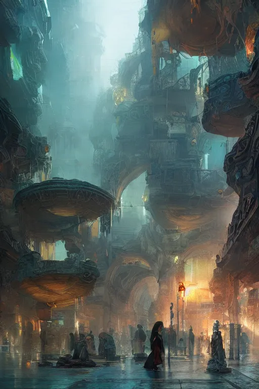 Image similar to inside the street of the city of atlantis, powerfull, intricate, elegant, volumetric lighting, digital painting, highly detailed, artstation, sharp focus, illustration, concept art, ruan jia, steve mccurry