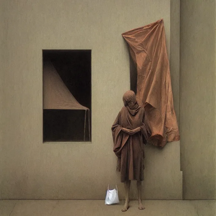 Image similar to woman with a paper bag over the head, dressed in plastic bags, highly detailed, artstation, art by (((zdislav beksinski))), wayne barlowe, edward hopper