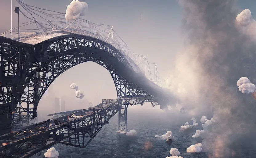 Image similar to explosions in the form of realistic white cotton plants on harbour bridge, huge white cotton everywhere on the destroyed harbour bridge, smooth, sharp focus, highly detailed, 3 d octane render, epic lighting, crazy atmosphere, lots of white cotton, 8 k, by goro fujita