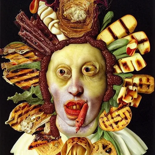 Image similar to a amazing new surrealist hybrid of a pope salad by giuseppe arcimboldo and kandinskali and catrin welz - stein, melting cheese, steamed buns, grilled artichoke, sliced banana, the pope, salami, milk duds, licorice allsort filling