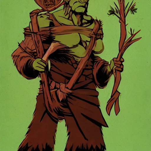 Prompt: A Half-orc Druid holding a wooden staff, holding a wooden staff, Mike Mignola