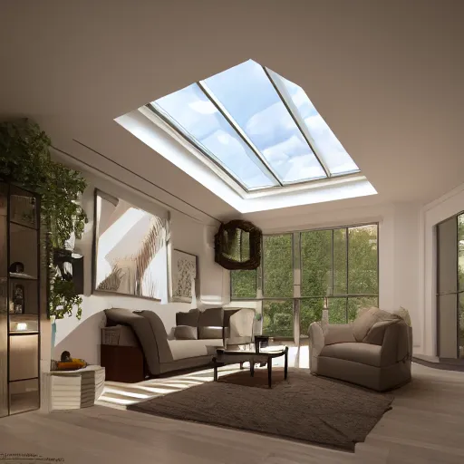 Image similar to skylight with led strip lighting surround, realistic, wide shot, octane render, house and home, home and garden, hyper realistic, high quality, highly detailed, hd, beautiful, cinematic, 8 k, unreal engine,