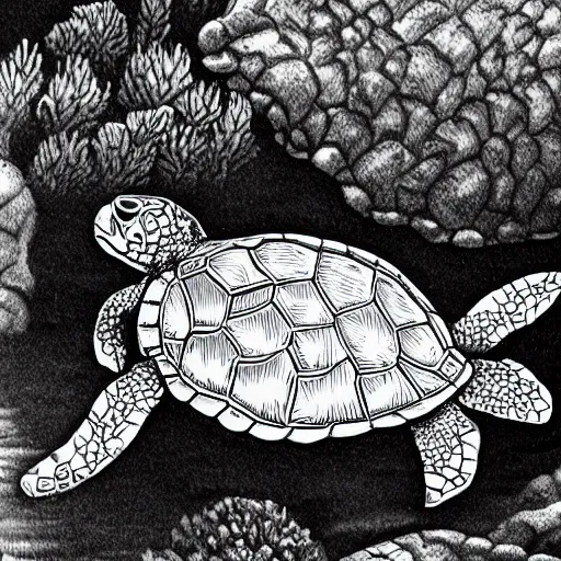 Prompt: grayscale coloring page of an underwater sea turtle