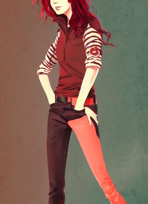 Image similar to full-body shot of an attractive tomboy girl with long, crimson red hair and red eyes, wearing a brown, open jacket and green jeans with a stern look, concept art, character design, by WLOP, by Ross Draws, by Tomine, by Satoshi Kon, by Rolf Armstrong