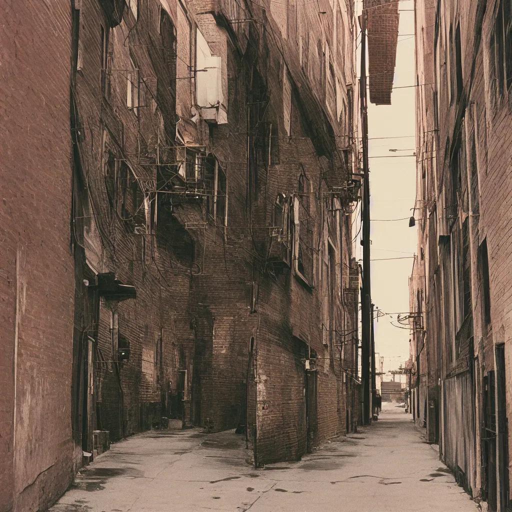 Prompt: photograph of a back alley 1979. kodak portra film.