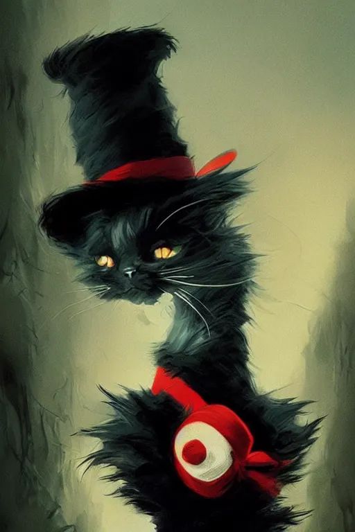 Image similar to the cat in the hat, scary, cinematic, concept art by greg rutkowski and artgerm and dr seuss