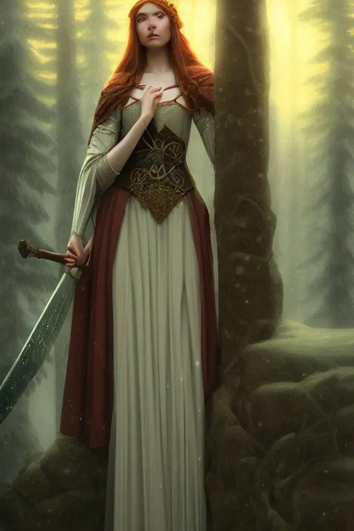 Image similar to nostalgia for a fairytale, nordic, ice, medieval maiden, long hair, tall and thin, illustration, dramatic lighting, soft details, painting, art nouveau, octane render, 8 k, hd, by edmund blair leighton, brom, charlie bowater, faces by otto schmidt