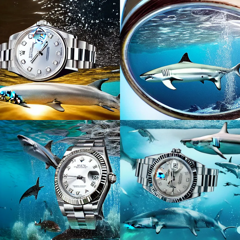 Prompt: rolex datejust in the foreground submerged in transparent water, realistic photograph, shark in the background