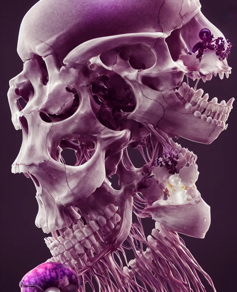 Image similar to symmetry!! goddess close - up portrait human skeleton, ram skull, squid phoenix jellyfish, orchid, betta fish, bioluminiscent, intricate artwork by tooth wu and wlop and beeple. octane render, trending on artstation, greg rutkowski very coherent symmetrical artwork. cinematic, hyper realism, high detail, octane render, 8 k