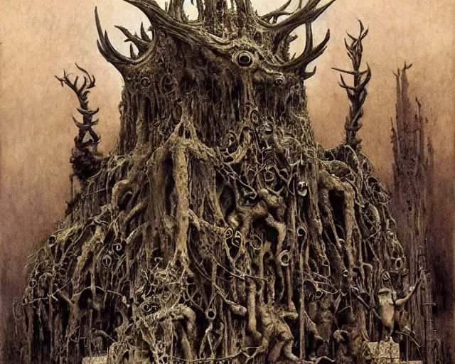 Image similar to Ancient cultic ritual totem made of horns and thorns by kostnice czech, Beksinski, Arthur Rackham, Eugene de Blaas, Dariusz Zawadzki, Wayne Barlowe