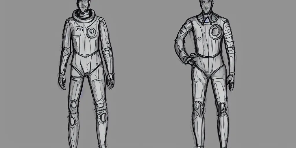 Image similar to male, elongated figure, space suit, concept art sketch, large shoulders, short torso, long thin legs, tiny feet, character sheet, very stylized, concept design