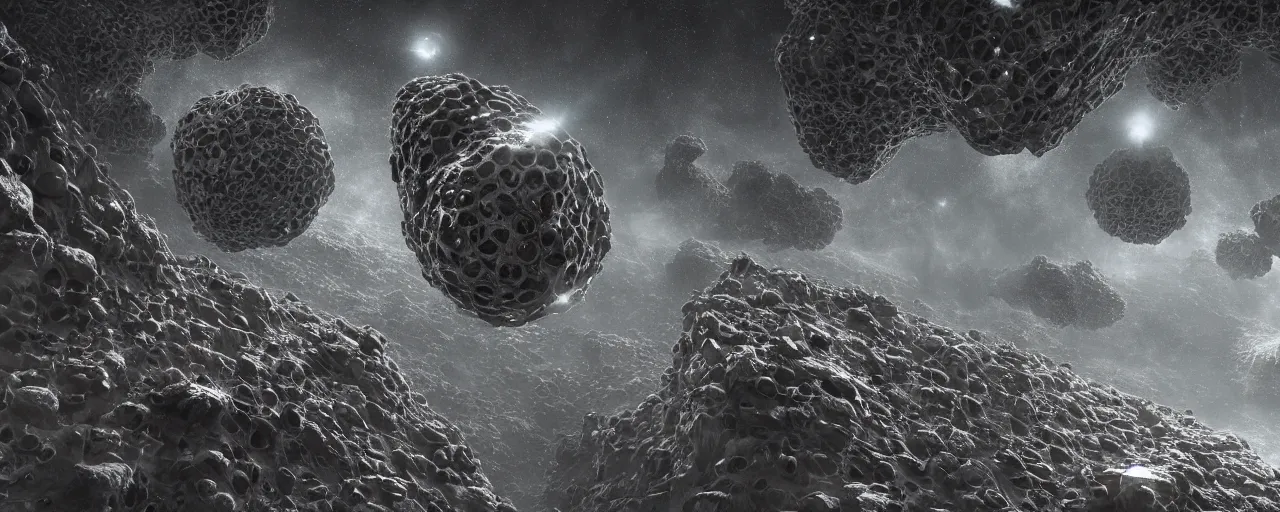 Prompt: movie still, brutalist wasp hive in space, minimalist, fractal asteroids, cell automata, unreal engine, octane render, detailed and intricate, global illumination, volumetric lighting, by zdzislaw beksinski, by hr giger, by wayne barlowe, hubble telescope images, james webb telescope images, detailed and intricate environment