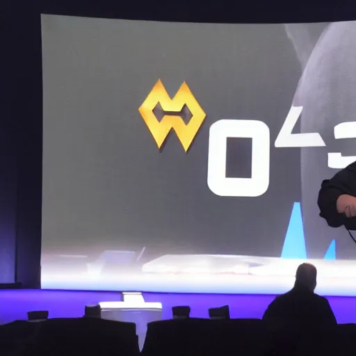 Image similar to gabe newell on stage presenting half life 3 logo