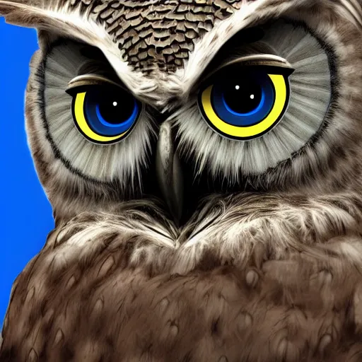 Prompt: an anthromorphised owl, wearing a blue suit, digital art, 4 k