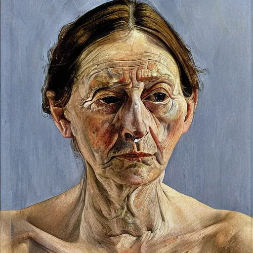 Image similar to Oil painting Portrait of a sad Woman, by Lucian Freud, Abstract brush strokes, Masterpiece