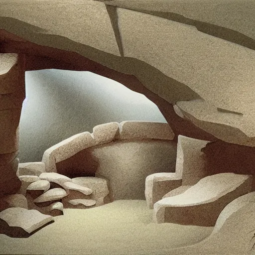 Prompt: artist's reconstruction of a Stone Age cave designed by Frank Lloyd Wright