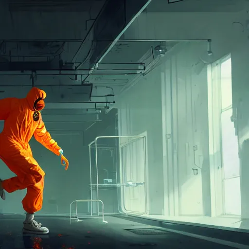 Image similar to commission of a man in an orange hazmat suit running from a mutant in a laboratory ,character design by charles bowater,greg rutkowski,ross tran,hyperdetailed,hyperrealistic,4k,deviantart,artstation,professional photography,concept art