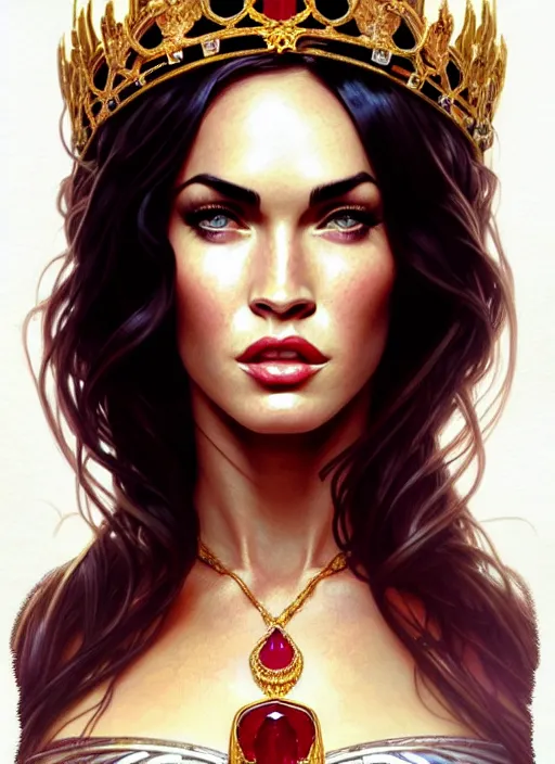 Image similar to portrait of megan fox as a queen, throne, jewelry, greek, ruby, intricate, headshot, highly detailed, digital painting, artstation, concept art, sharp focus, cinematic lighting, illustration, art by artgerm and greg rutkowski, alphonse mucha, cgsociety