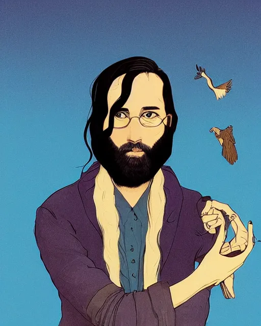 Prompt: portrait of a man with long black hair and beard holding a bird in his hands, full moon in the background, fine portrait, beautiful, concept art, by tomer hanuka, by jan vermeer