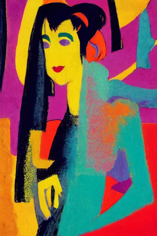 Prompt: girl in a dress, city morning, abstract, rich details, coarse texture, visible strokes, colorful, Kirchner, Gaughan, Caulfield, Aoshima, Earle