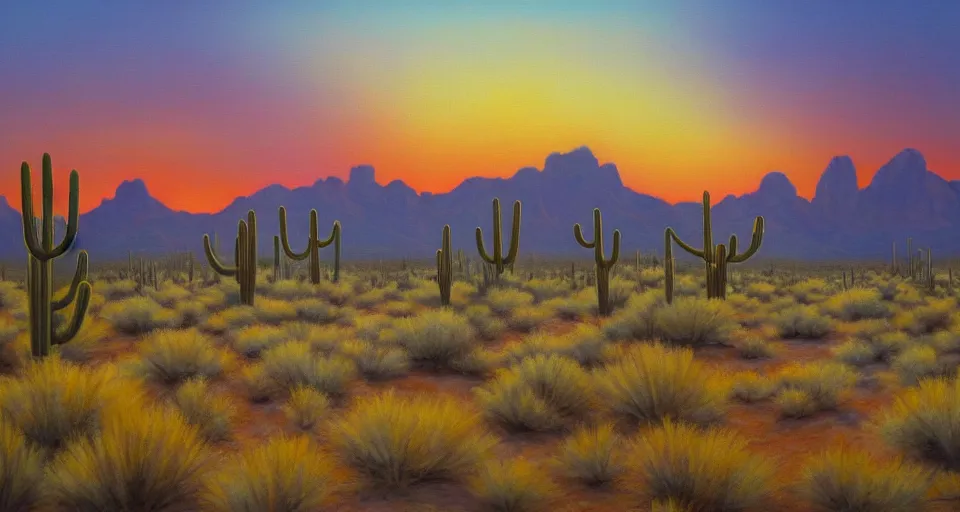 Prompt: the sonoran desert at sunrise, muted colors, beautiful painting, oil on canvas, by Ewa Czarniecka, award winning masterpiece,