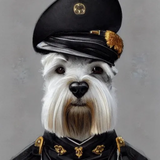 Image similar to portrait of stoic looking miniature schnauzer, military uniform, black fir, white eyebrows, fantasy, intricate, elegant, highly detailed, centered, dark, smokey, charcoal painting, digital painting, artstation, concept art, smooth, sharp focus, illustration, art by artgerm and greg rutkowski and alphonse mucha