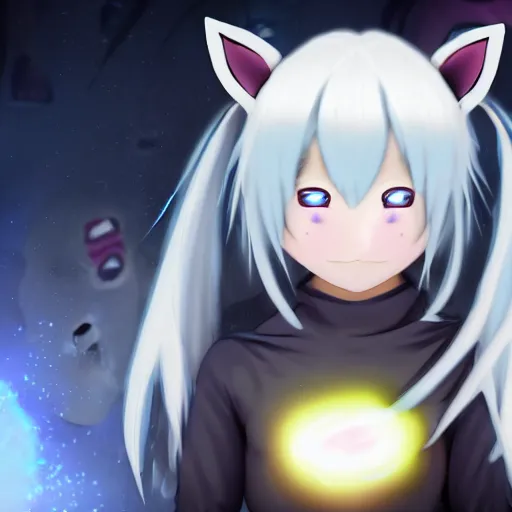 Prompt: a cute white-haired catgirl with glowing eyes 4k cinematic