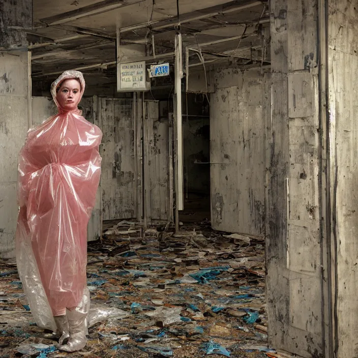 Image similar to a color photograph, closeup portrait of a woman wrapped in plastic, standing in an abandoned grocery store, color photograph, by vincent desiderio, canon eos c 3 0 0, ƒ 1. 8, 3 5 mm, 8 k, medium - format print