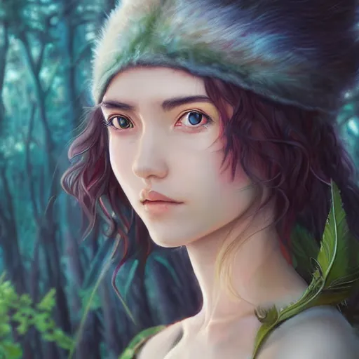 Image similar to a beautiful scenic painting of a beautiful young woman that looks like princess mononoke by artgerm and wlop and wes anderson and spike jonze