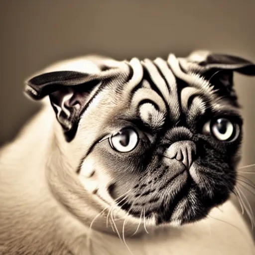 Image similar to a feline cat - pug - hybrid, animal photography